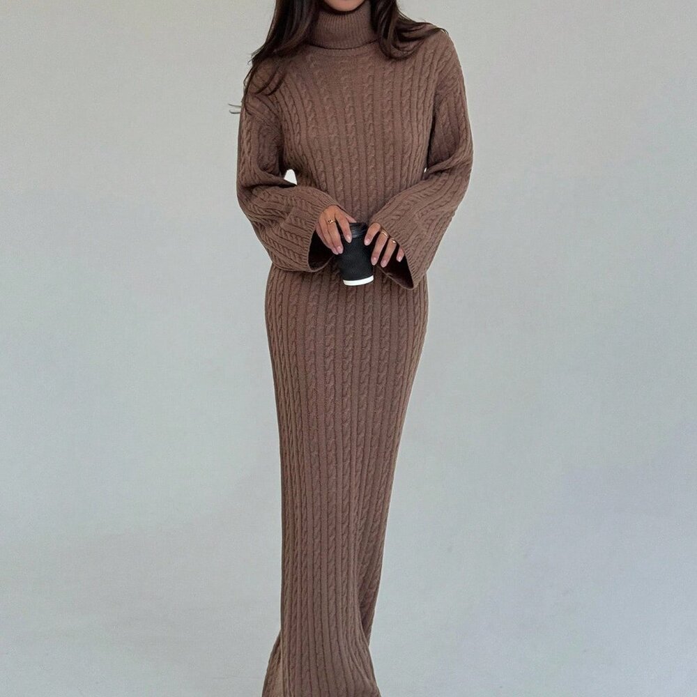 Coffee Brown Casual Women's Long Cable Knit Loose Fitted High Neck Sweater Dress - Picture 2 of 5
